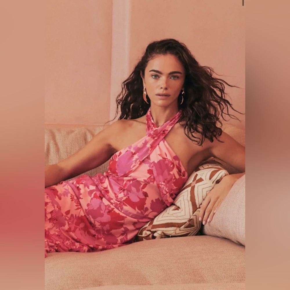 Lulus Always Eye Catching Hot Pink Floral Tiered Halter Midi Dress